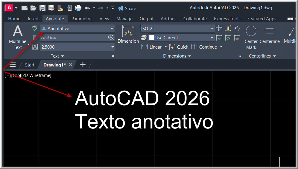 Texto de linha única com escala anotativa