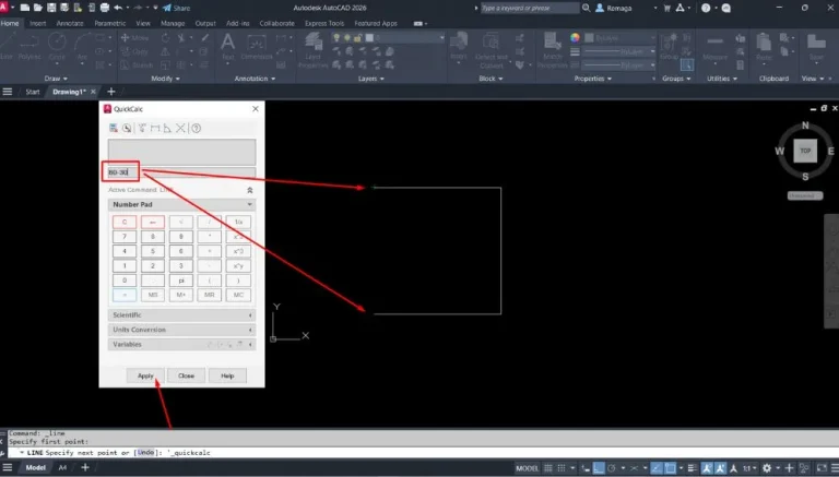 menu de cliques ativado exibindo a calculadora QuickCalc durante o uso do comando LINE