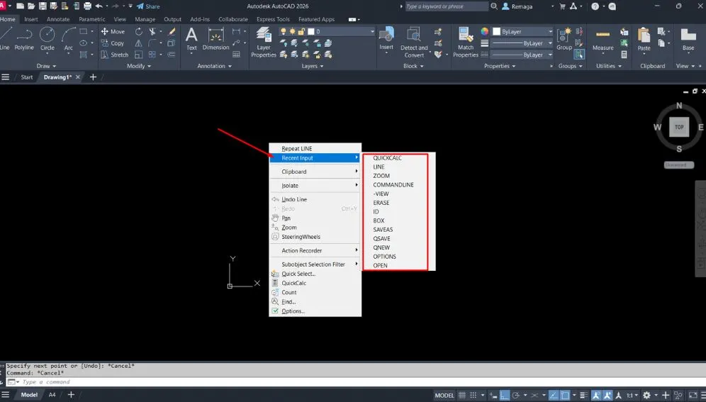 Menu de cliques do AutoCAD exibindo a lista de últimos comandos usados, incluindo LINE, ZOOM e QUICKCALC