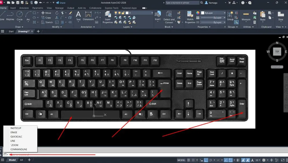 Teclado com atalhos destacados e menu dropdown do AutoCAD exibindo últimos comandos usados