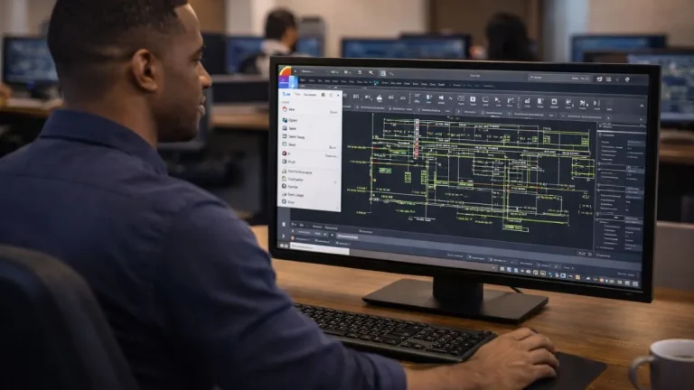 Interface do AutoCAD exibindo o menu do aplicativo e a barra de acesso rápido com comandos em destaque na tela do usuário.