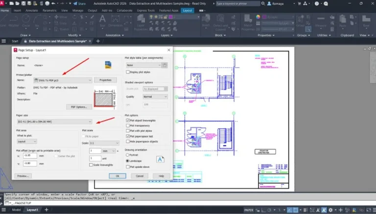 Impressão e plotagem no AutoCAD com configuração do Page Setup para gerar PDF em tamanho A1 e escala 1:1.