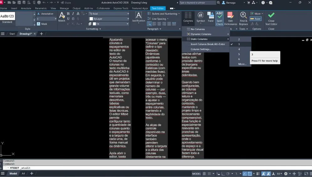 Texto multilinha no AutoCAD 2026 dividido em 3 colunas usando o editor MText com configuração estática de colunas