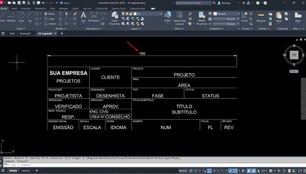 Criando blocos para formatos A0 a A4 com legenda no AutoCAD, exibindo carimbo técnico com campos de projeto, responsável técnico, escala e revisão.