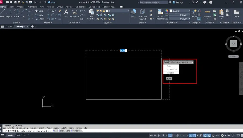Uso da entrada dinâmica no AutoCAD ao desenhar um retângulo com o comando Rectangle.