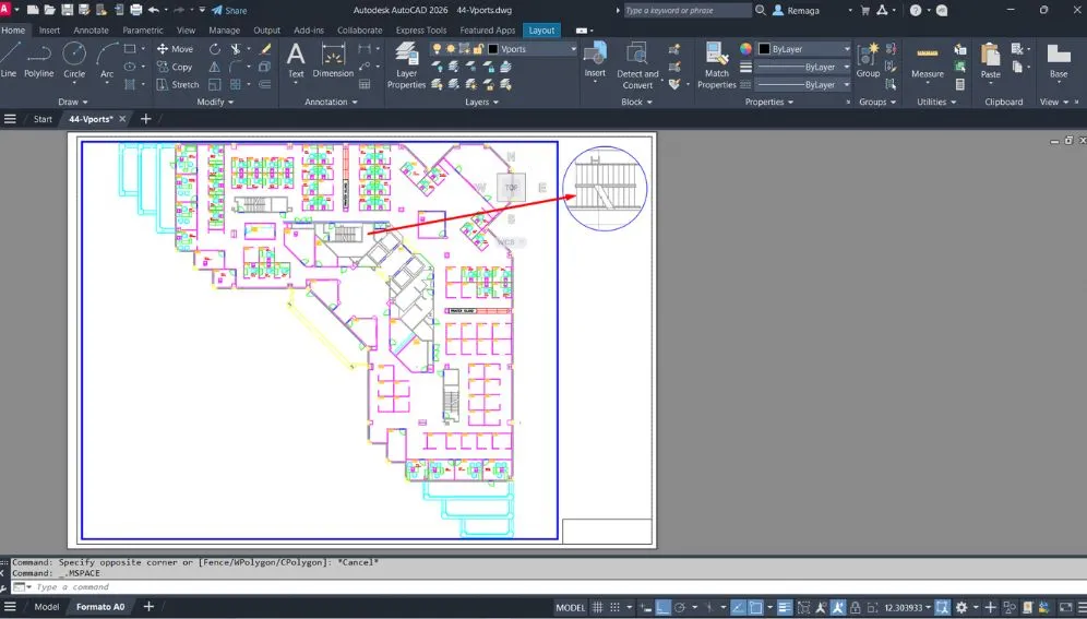Boas práticas no AutoCAD para organização de layouts com viewports detalhadas e destaque de áreas técnicas.
