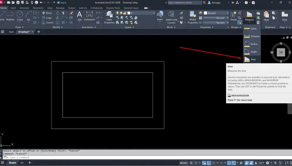 Acesso ao comando de medição de área no AutoCAD pelo menu Ribbon na aba Analyze