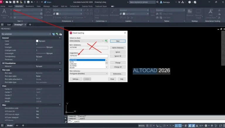 Correção ortográfica no AutoCAD 2026 com sugestão para substituir ALTODCAD por AUTOCAD na janela Check Spelling