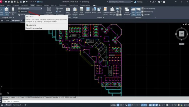 Criar e inserir vistas nomeadas no AutoCAD usando o comando New View para salvar áreas específicas da planta com precisão.