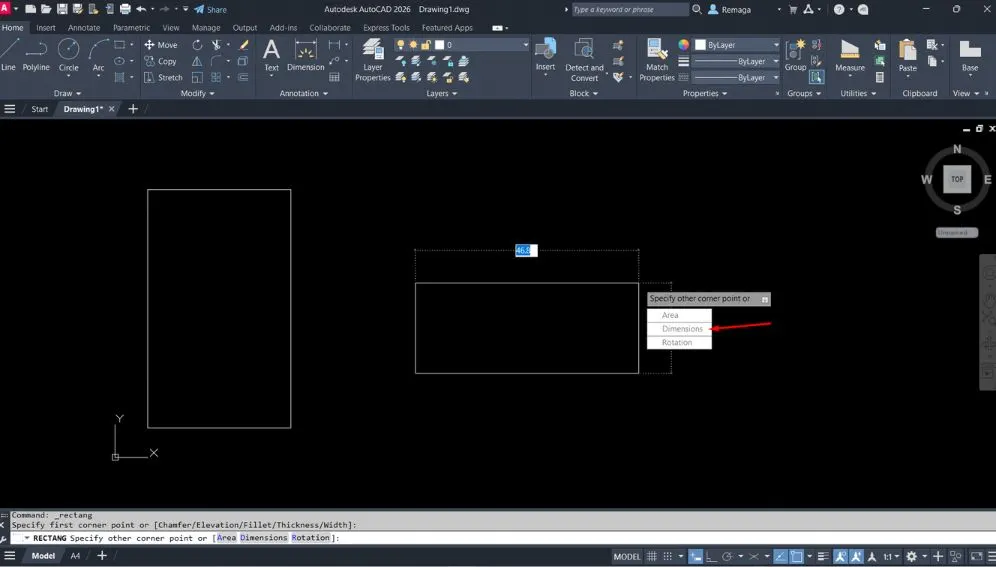 AutoCAD exibindo a opção Dimensions do comando Rectangle com entrada dinâmica ativada para definir as medidas do retângulo.