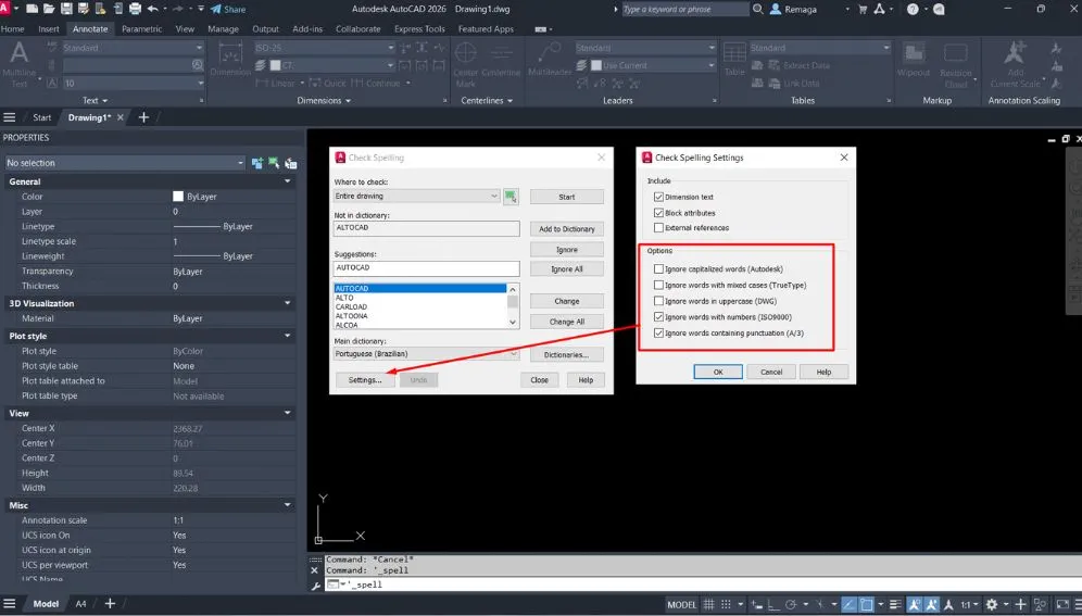 Configurações do corretor ortográfico no AutoCAD 2026 mostrando opções para ignorar maiúsculas, números e palavras com pontuação