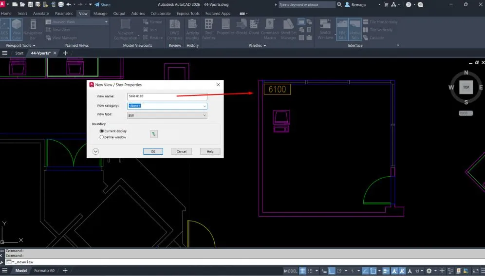 Organização e boas práticas no AutoCAD ao nomear vistas com categorias específicas como "Salas" para facilitar a gestão de projetos.