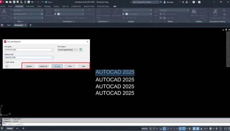 Repassando Textos no AutoCAD: Ferramenta Find and Replace no AutoCAD 2026 substituindo o texto AUTOCAD 2025 por AutoCAD 2026 no espaço modelo