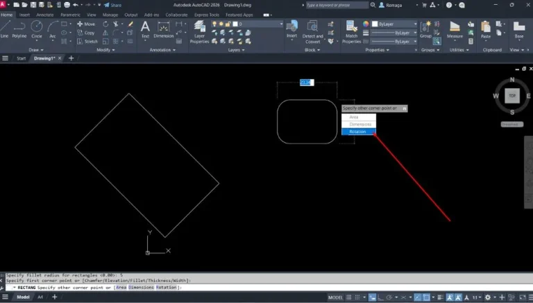 Retângulos Rotacionados no AutoCAD, opção implicita no comando rectangle