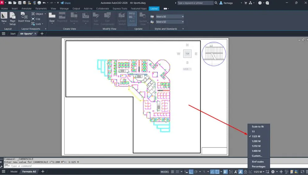 Ajuste de escala em uma janela de visualização recortada no AutoCAD com opções como 1:125 e 1:200.