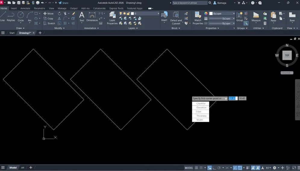 Retângulos no AutoCAD sendo criados com a opção de configurar chanfros e arredondamentos no comando Rectangle.
