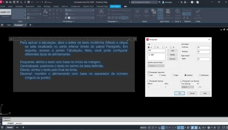 Aplicar tabulação no AutoCAD: Editor de texto Mtext do AutoCAD 2026 com a janela de Parágrafo aberta para configurar tabulação, alinhamento e recuo de texto.