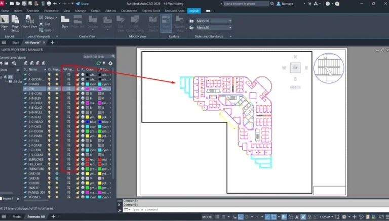 controlar a visibilidade em Janela do AutoCAD mostrando o Gerenciador de Propriedades de Camadas com opções de visibilidade para cada layer em uma viewport.