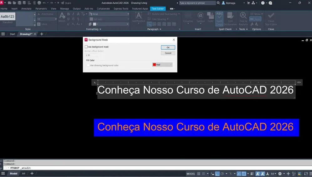 Texto com máscara de fundo aplicada no AutoCAD 2026, exibindo o painel de configuração de "Background Mask".