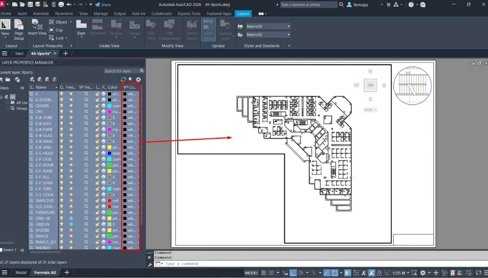 AutoCAD com o Layer Properties Manager aberto, destacando a personalização das cores das camadas para uma viewport específica.