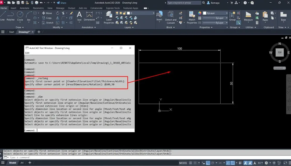 AutoCAD exibindo a janela de texto com o comando Rectangle e parâmetros de criação de retângulo usando coordenadas.