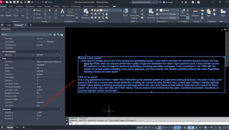 Editar textos complexos no AutoCAD: Texto multilinha com borda azul editado no AutoCAD, exibindo as propriedades detalhadas no painel lateral.