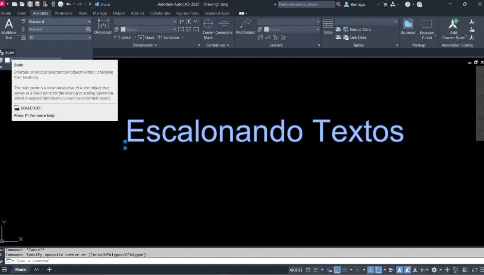 Texto sendo redimensionado no AutoCAD usando o comando SCALETEXT com o termo “Escalonando Textos” selecionado.