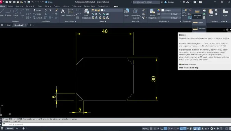 Retângulos chanfrados com medidas 40x30 no AutoCAD e chanfros de 5x5 aplicados com o comando Chamfer.