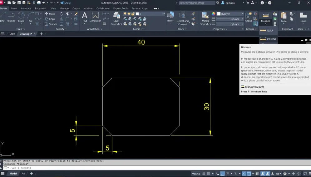 Retângulo chanfrado com medidas 40x30 no AutoCAD e chanfros de 5x5 aplicados com o comando Chamfer.