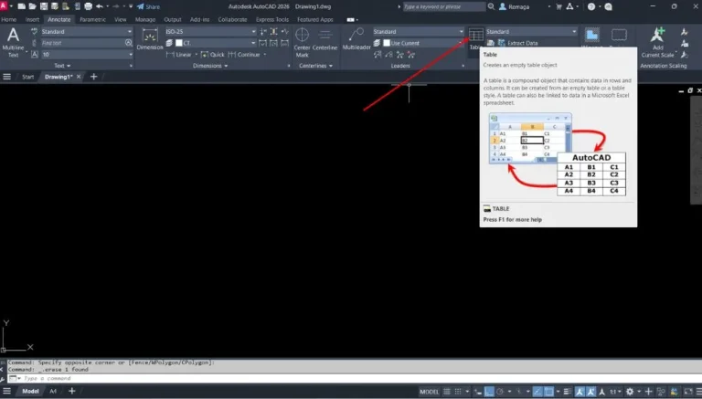 Criar tabelas no AutoCAD Interface destacando o botão para criar tabelas