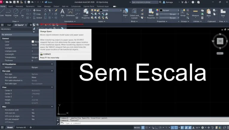 Mover objetos Entre Espaço é o que o faz Comando CHSPACE ativo no AutoCAD, com texto "Sem Escala" selecionado no espaço do modelo.