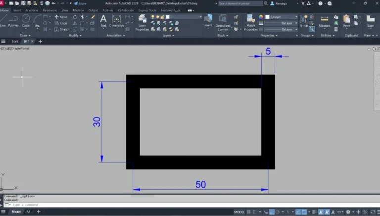 Retângulos com espessura no AutoCAD, criado com o comando Rectangle e largura de linha de 5 unidades.