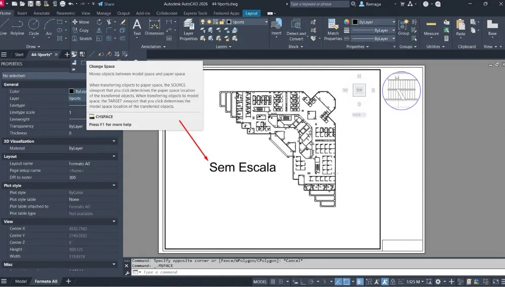 Texto "Sem Escala" posicionado no layout do AutoCAD com o comando CHSPACE ativado para mover para o espaço do modelo.