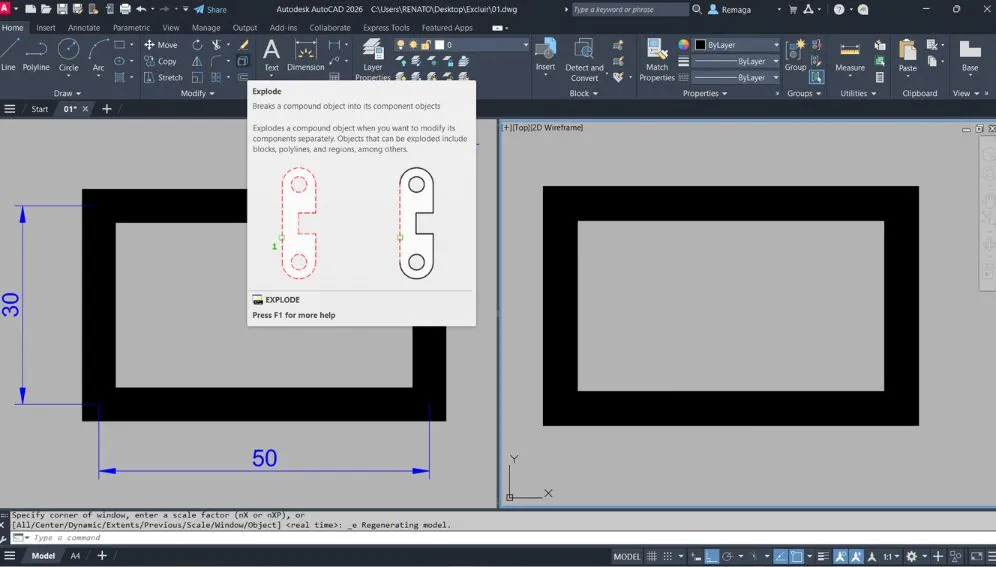 Comando Explode no AutoCAD sendo usado para desagrupar uma polilinha com espessura.
