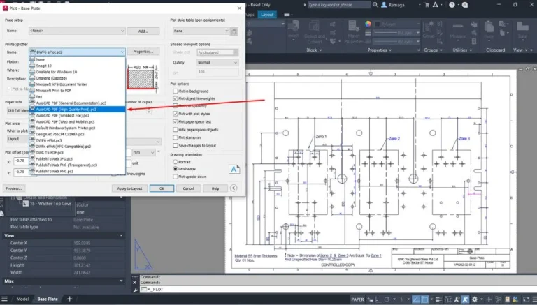 Imprimir Desenhos no AutoCAD com a janela de configuração de plotagem aberta e a impressora "AutoCAD PDF (High Quality Print).pc3" selecionada.