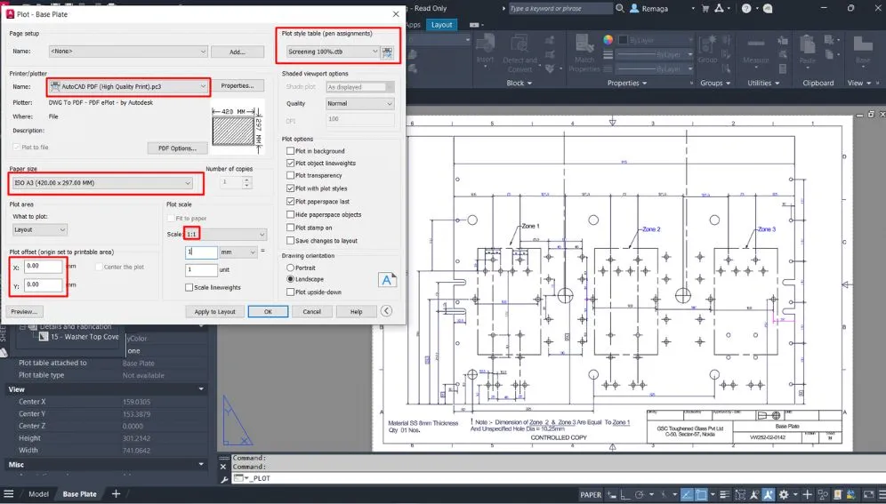 Imprimir Desenhos no AutoCAD com destaque para os ajustes finais antes da impressão, incluindo escala 1:1, formato A3, deslocamento zero e configuração de estilo de plotagem.
