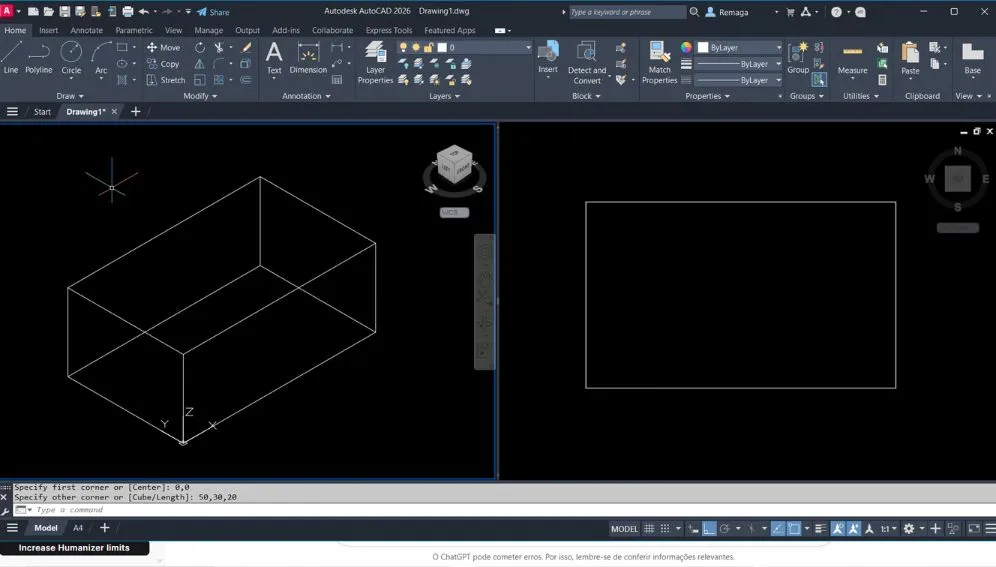 Criação de uma caixa 3D no AutoCAD com o comando BOX usando as dimensões 50x30x20.