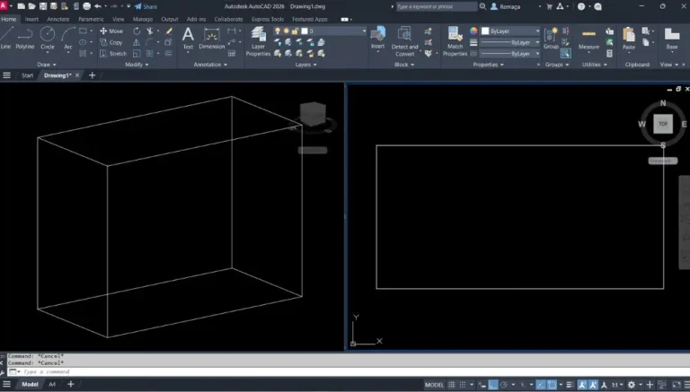 Retângulos com altura no AutoCAD criado com a opção Thickness no comando Rectangle, visualizado em perspectiva 3D.