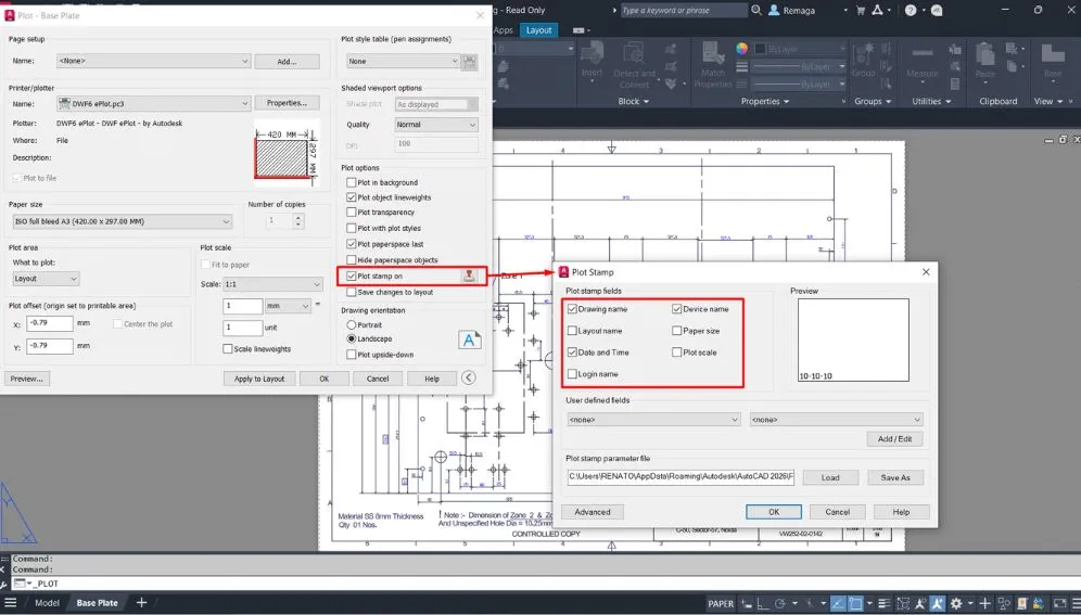 Configurações Adicionais de Plotagem no AutoCAD com foco na ativação e personalização do carimbo de plotagem (Plot Stamp) que inclui informações como nome do arquivo, data, escala e nome do layout.