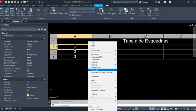 Copiar Propriedades de Outras Células no AutoCAD com célula selecionada e menu de contexto aberto mostrando a opção "Match Cell".