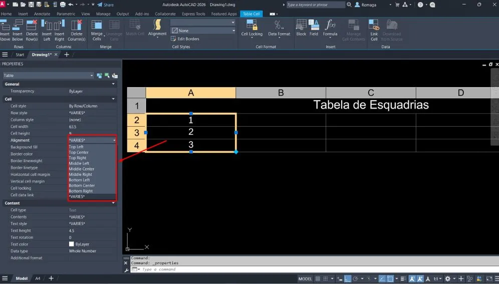 Interface do AutoCAD com tabela exibida, destacando as opções de alinhamento das células no painel de propriedades.