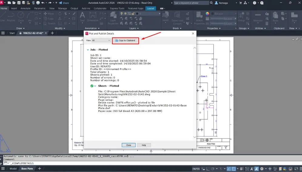 Imprimir informações da plotagem no AutoCAD com detalhes do trabalho realizado e opção de copiar para a área de transferência.