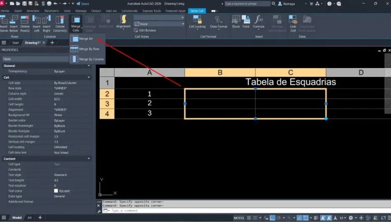 Mesclar células no AutoCAD utilizando o menu Merge Cells com opções Merge All, Merge by Row e Merge by Column aplicadas em uma tabela com dados técnicos.