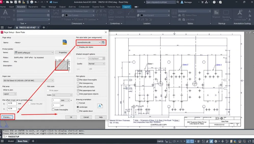 Estilos de Plotagem no AutoCAD com visualização da impressão usando o estilo monochrome.ctb.