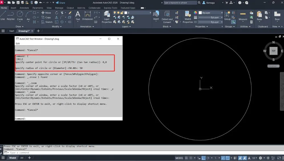 Comando Circle no AutoCAD com opções de raio e diâmetro, exibindo a criação de um círculo a partir do ponto central.