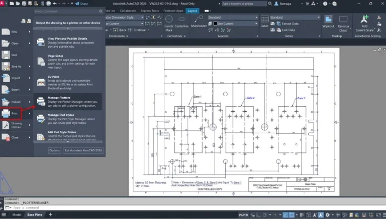 Criar Ploter Virtual no AutoCAD acessando o menu de impressão pela aba de aplicativo.