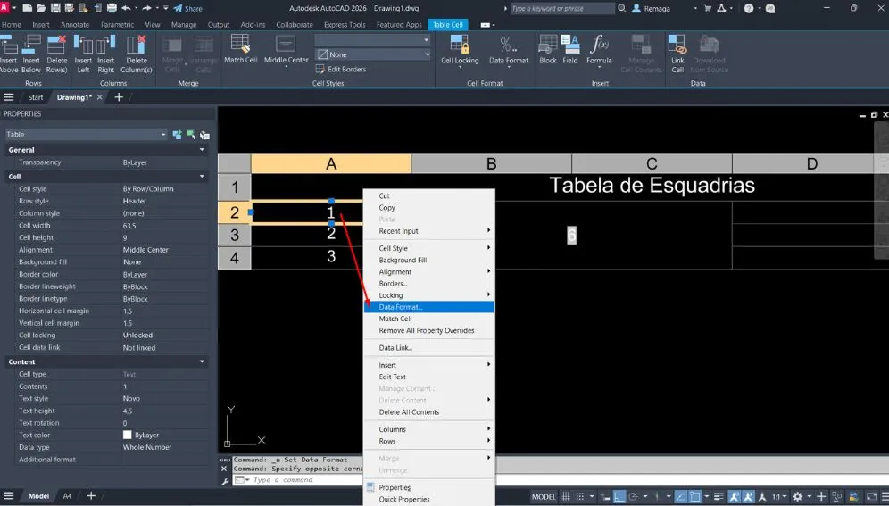 Formatar dados no AutoCAD utilizando a opção Data Format para aplicar prefixos, sufixos e controle de casas decimais em células de tabelas.