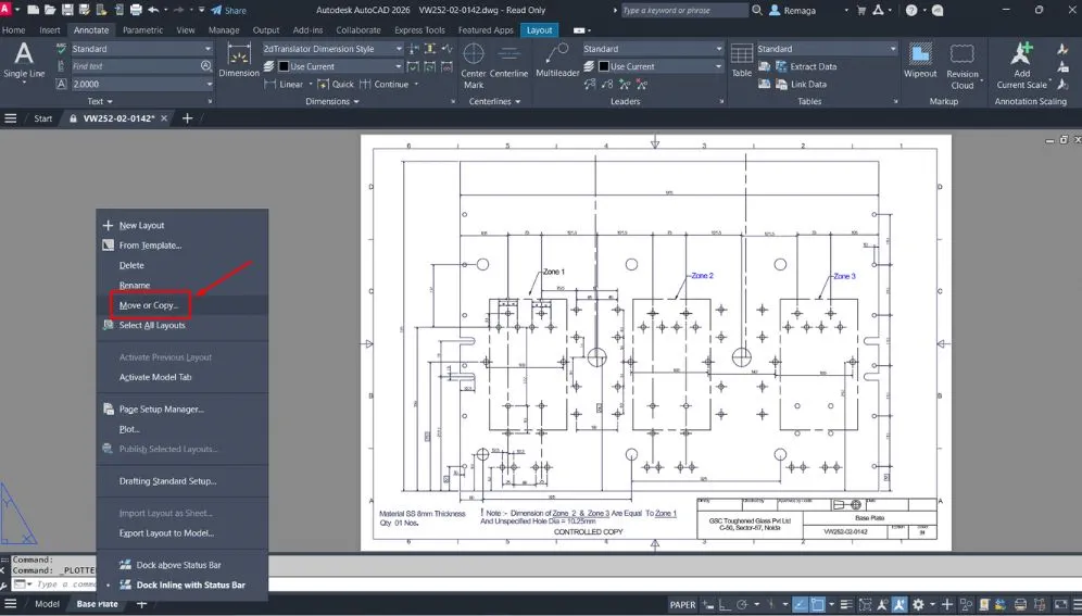 Criar Ploter Virtual - Acessar opção "Move or Copy" para duplicar um layout no AutoCAD.