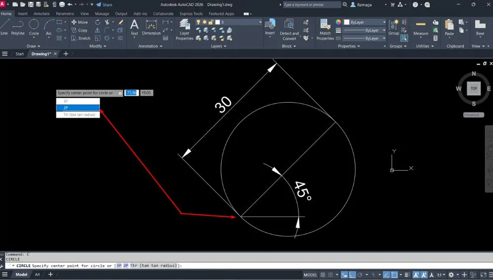 Criação de círculo no AutoCAD com a opção 2-Point utilizando o recurso Dynamic Input para definir coordenadas precisas e ângulo.