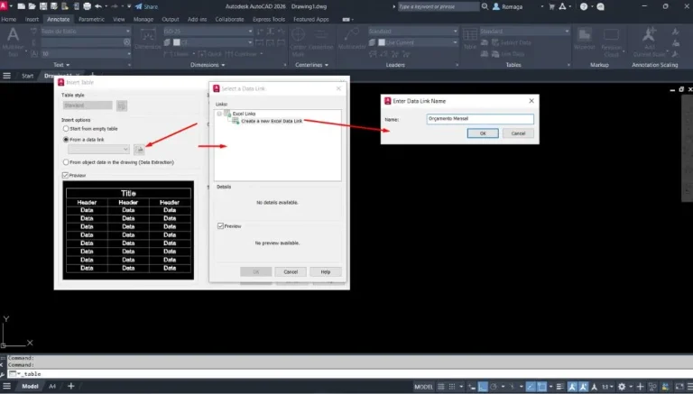Inserir planilhas vinculadas no AutoCAD a partir de uma fonte Excel, usando o recurso Data Link para importar tabelas como Orçamento Mensal.